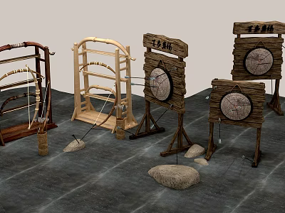 Ancient Architecture Elements Traditional Wooden Frames With Circular Decorations And Stones 3d model