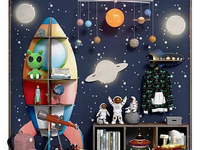 Starry Wall Kids Room Decor With Rocket Shelf And Astronaut Plush Dolls 3d model