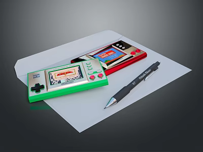 Retro Handheld Game Consoles Green Red Devices On White Paper With Black Pen 3d model