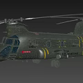 Green Military Helicopter with American Flag Insignia and Yellow Stripes