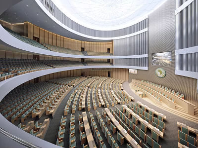 Spacious Multi Tiered Conference Room With Curved Design Large Screen And Clock 3d model