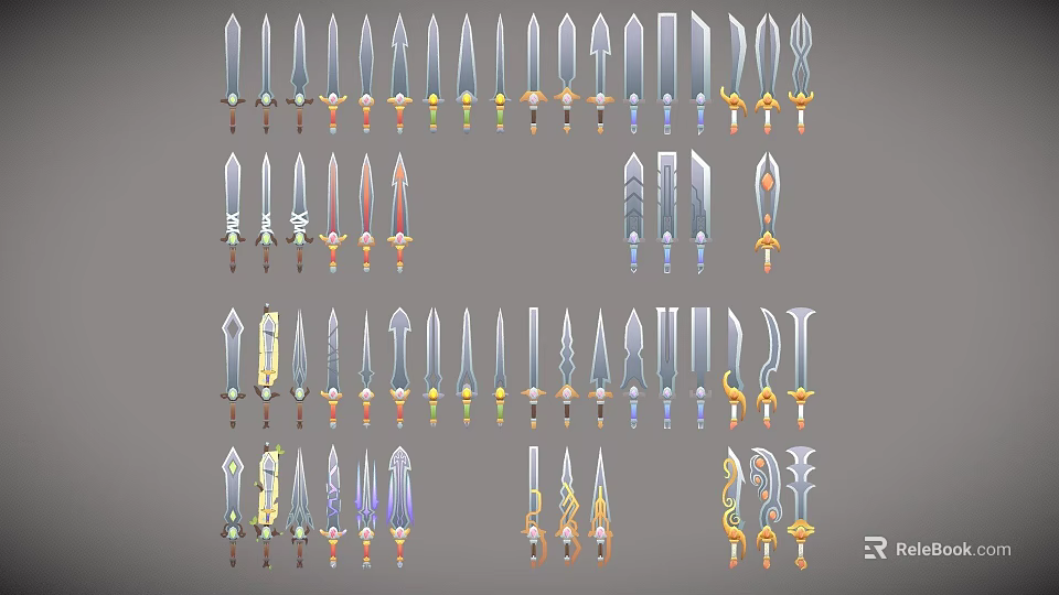 Various Decorative Weapons Collection With Swords Daggers Metallic Blades And Colorful Handles 3d model 