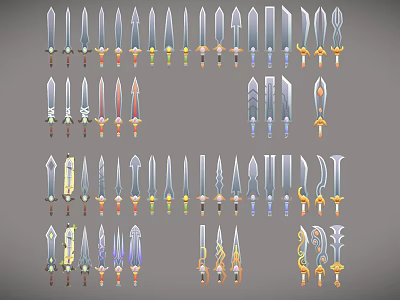 Various Decorative Weapons Collection With Swords Daggers Metallic Blades And Colorful Handles 3d model