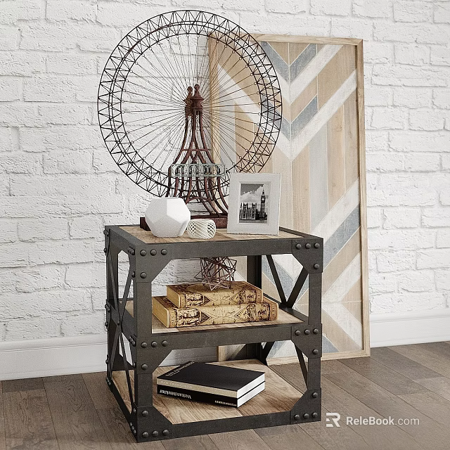 Decorative Ornament Set on Industrial Metal Side Table with Ferris Wheel Model Photo Frame Vase and Books 3d model 