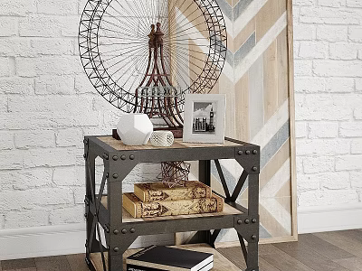 Decorative Ornament Set on Industrial Metal Side Table with Ferris Wheel Model Photo Frame Vase and Books 3d model