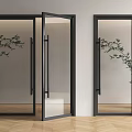Modern Black Frame Glass Double Doors with Green Plants and Wooden Floor