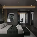 Modern Bedroom Interior With Green Headboard Gray Walls White Curtains Green Footstool And Decorative Painting
