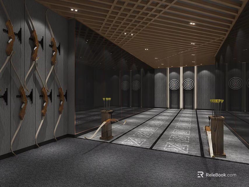 Modern Indoor Archery Range For Fitness Training With Targets And Bows 3d model 