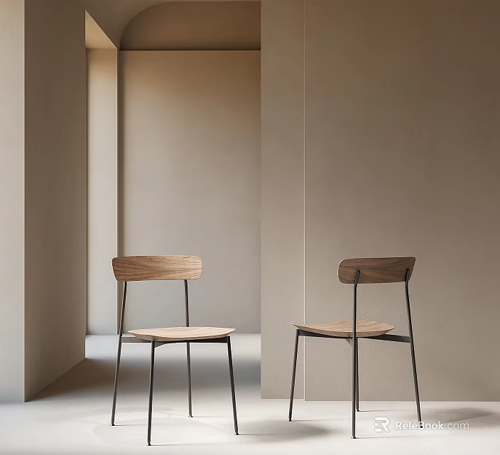 Modern Wooden Dining Chairs With Black Metal Legs Minimalist Design And Light Wall Background 3d model 