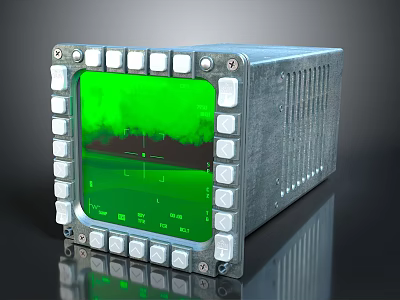 Industrial Electronic Device Featuring Green Digital Display Screen And Metal Casing Buttons Around 3d model