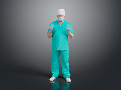 Man in Green Surgical Scrubs With White Cap Mask and Blue Gloves Holding Hands Out 3d model