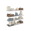 Organized Bathroom Shelves With Towels Bottles Baskets And Storage Boxes