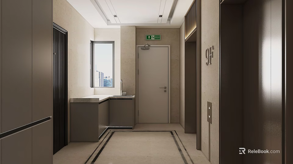 Modern Elevator Hallway Interior Design With Elevator Doors Window And Sink Counter 3d model