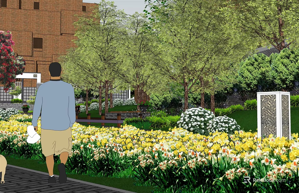 Residential Landscape With Walking Path Yellow Flowers Green Lawn And Trees 3d model 