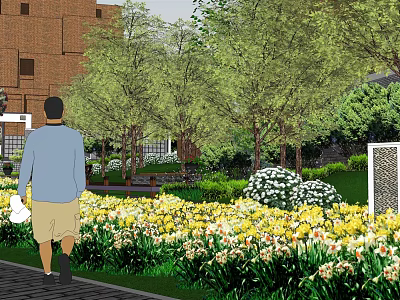 Residential Landscape With Walking Path Yellow Flowers Green Lawn And Trees 3d model