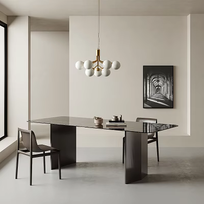 Modern Black Dining Table Set With Chairs Gold Pendant Light And Black White Wall Art 3d model