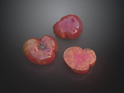 Three Red and Yellow Tomatoes Two Whole and One Sliced on Dark Background 3d model