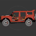 Red Ford Bronco Off Road Vehicle With White Roof Yellow Interior And Large Tires