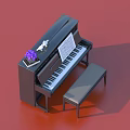 Black Piano With Purple Flowers Sheet Music Figurine And Bench On Red Background