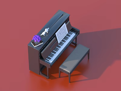 Black Piano With Purple Flowers Sheet Music Figurine And Bench On Red Background 3d model