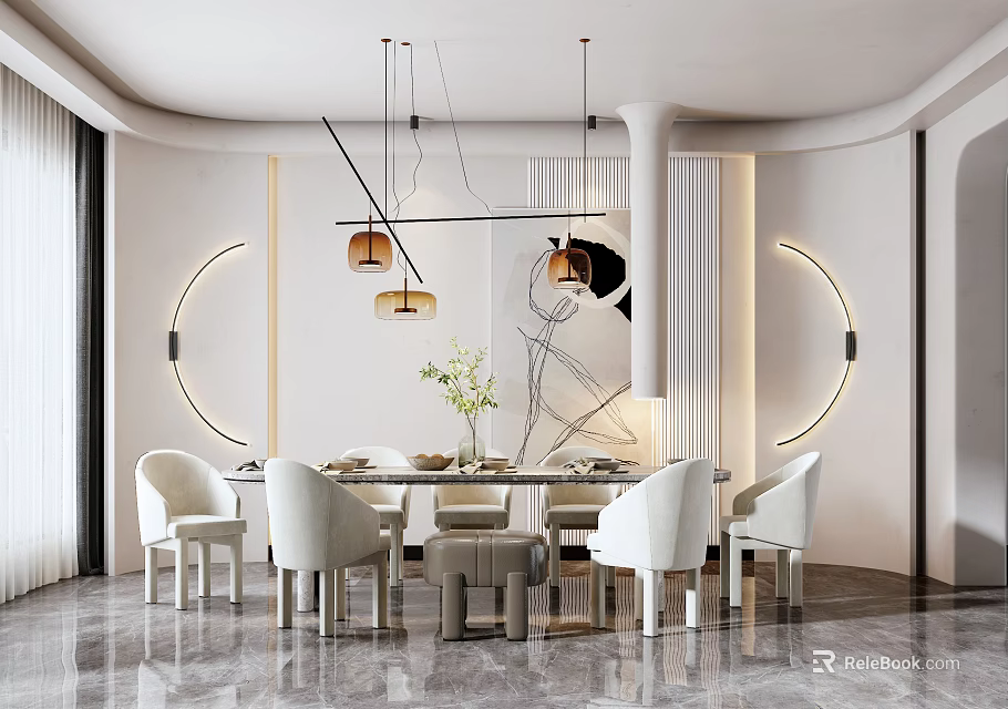 Elegant Modern Dining Table Set With White Chairs And Pendant Lighting Decor 3d model