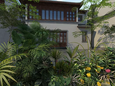 Traditional Chinese Garden Landscape With White Walls Wooden Architecture And Lush Green Plants Colorful Flowers 3d model
