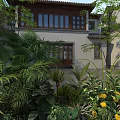 Traditional Chinese Garden Landscape With White Walls Wooden Architecture And Lush Green Plants Colorful Flowers