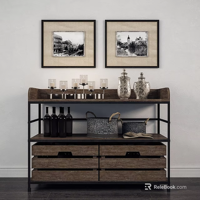 Wooden Entryway Console Table With Metal Frame Drawers Candlesticks And Decorative Bottles 3d model 