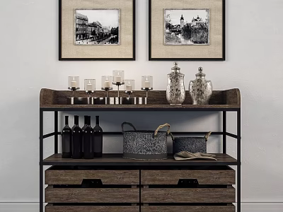 Wooden Entryway Console Table With Metal Frame Drawers Candlesticks And Decorative Bottles 3d model