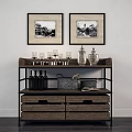 Wooden Entryway Console Table With Metal Frame Drawers Candlesticks And Decorative Bottles
