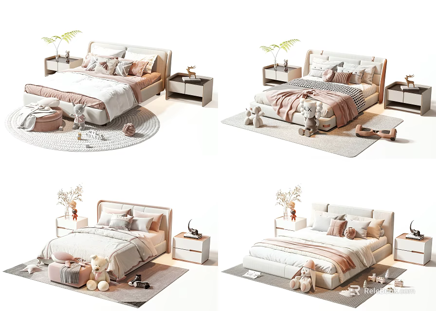 Modern Double Bed With Soft Bedding Nightstands Decorative Pillows And Area Rug 3d model 