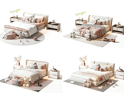Modern Double Bed With Soft Bedding Nightstands Decorative Pillows And Area Rug 3d model