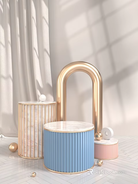 Stylish Golden Arched Display Shelves With Round Marble Top And Blue Base Design 3d model 