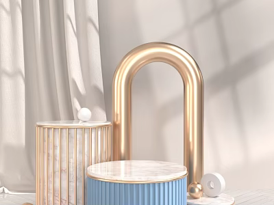 Stylish Golden Arched Display Shelves With Round Marble Top And Blue Base Design 3d model