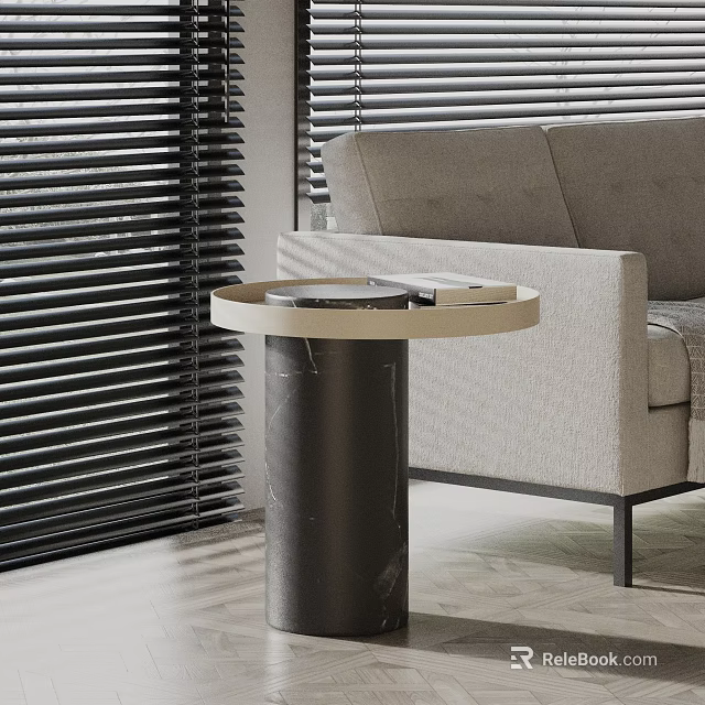 Modern Round Top Side Table With Marble Base In Living Room With Sofa And Blinds 3d model 