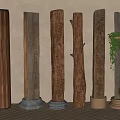 Wooden Pillars With Various Textures Different Bases And A Green Plant In Indoor Decor