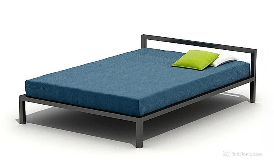 Double Bed with Black Frame Blue Mattress Green and White Pillows 3d model 