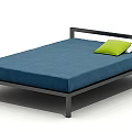 Double Bed with Black Frame Blue Mattress Green and White Pillows