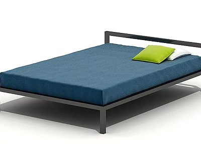 Double Bed with Black Frame Blue Mattress Green and White Pillows 3d model
