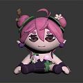 Cute Cartoon Character with Pink Hair Green Leaf Accents White Flower and Purple Pants Design