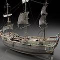 Wooden Sailing Ship Model With White Sails And Detailed Deck Structure Design