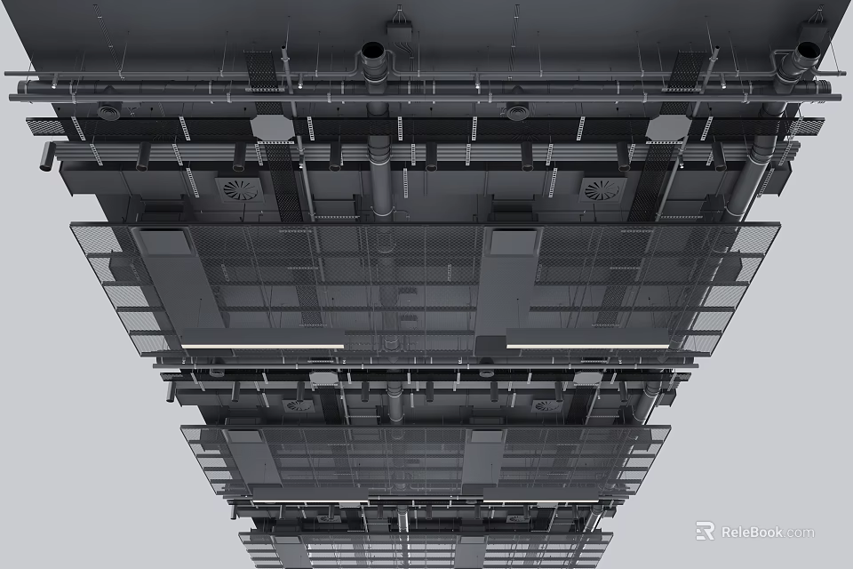 Ceiling Structure With Metal Framework Pipes And Ventilation Vents In Building Interior 3d model 