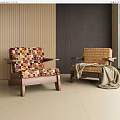 Multicolor Check And Yellow Plaid Leisure Chairs With Wooden Frame And Blanket In Modern Interior