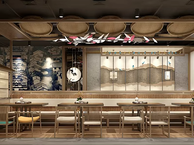 Traditional Restaurant Interior With Wooden Tables Circular Ceiling Lanterns And Wall Art 3d model