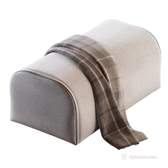 Light Gray Padded Sofa Bench With Stitched Details And Plaid Blanket 3d model 