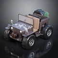 Brown Toy Off Road Vehicle With Large Tires Spare Tire And Tan Seats