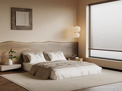 Elegant Modern Bedroom Interior Design With Wooden Headboard Soft Rug And Wall Art 3d model