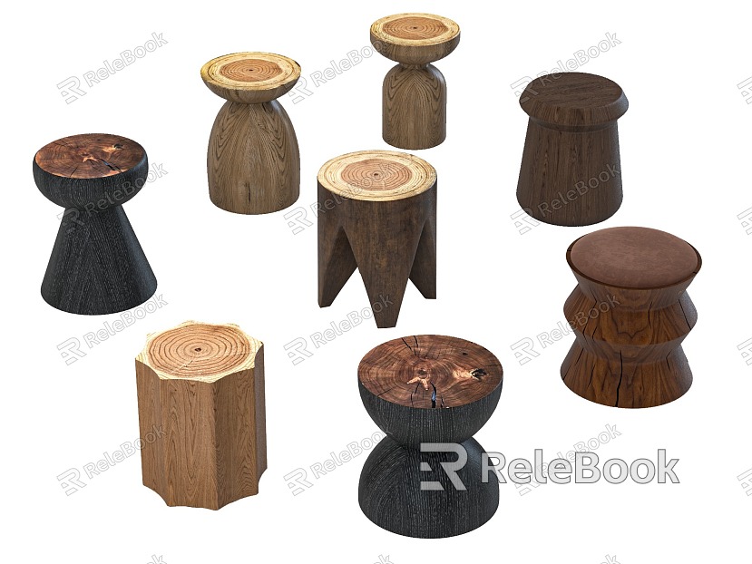 Solid Wood Stool Round Stool Stump Stool Tea Stool Low Stool Wooden Dun Old Wooden Stool Combination Jewelry Ornaments model