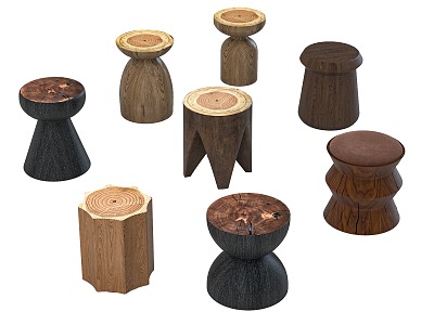 Solid Wood Stool Round Stool Stump Stool Tea Stool Low Stool Wooden Dun Old Wooden Stool Combination Jewelry Ornaments 3d model