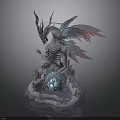 Mystical Skeleton Animal With Horns Blue Red Gradient Wings Feathered Body Holding Blue Glowing Orb